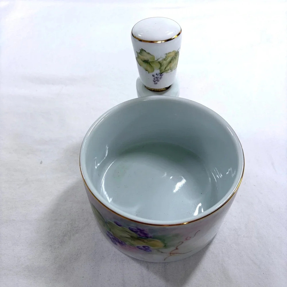 Hand Painted Porcelain Wine Coaster with Matching Grape Vine Cork Stopper Rare